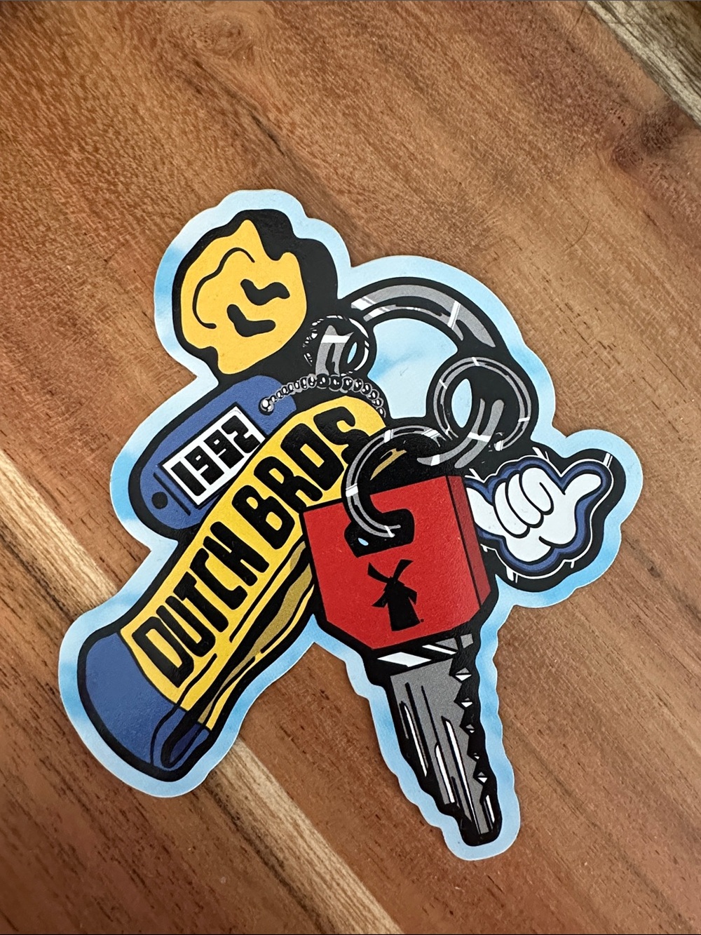 Dutch Bros Yellow & Blue Logo Keychain Sticker with Red Tag